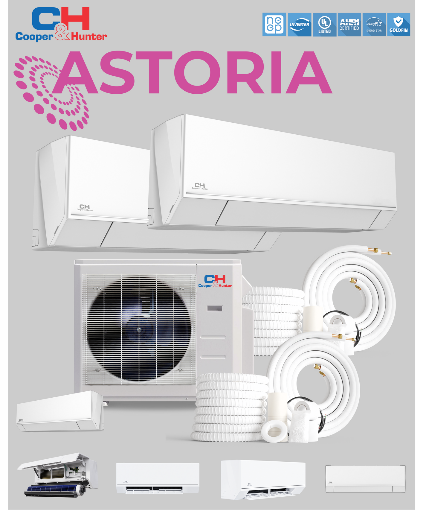 2 Zone 9K+9K Cooper&Hunter, Astoria Series, W/M 230V 22.9 SEER Ductless Mini Split AC/Heater