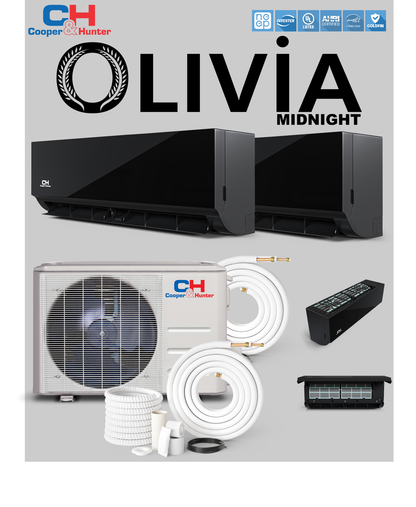 2 Zone 9K+12KBTU Cooper&Hunter Olivia Midnight W/M 230V 22.9 SEER Ductless Mini Split AC/Heater with 16ft Installation Kit
