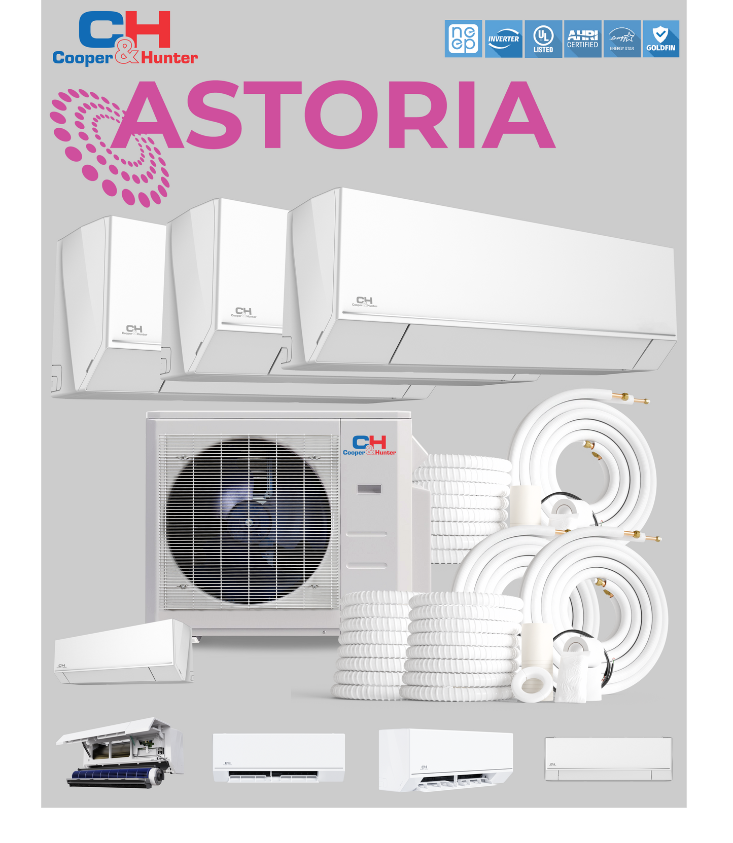 3 Zone 9K+9K+12K BTU Cooper&Hunter, Astoria Series, W/M 230V 24.6 SEER Ductless Mini Split AC/Heater