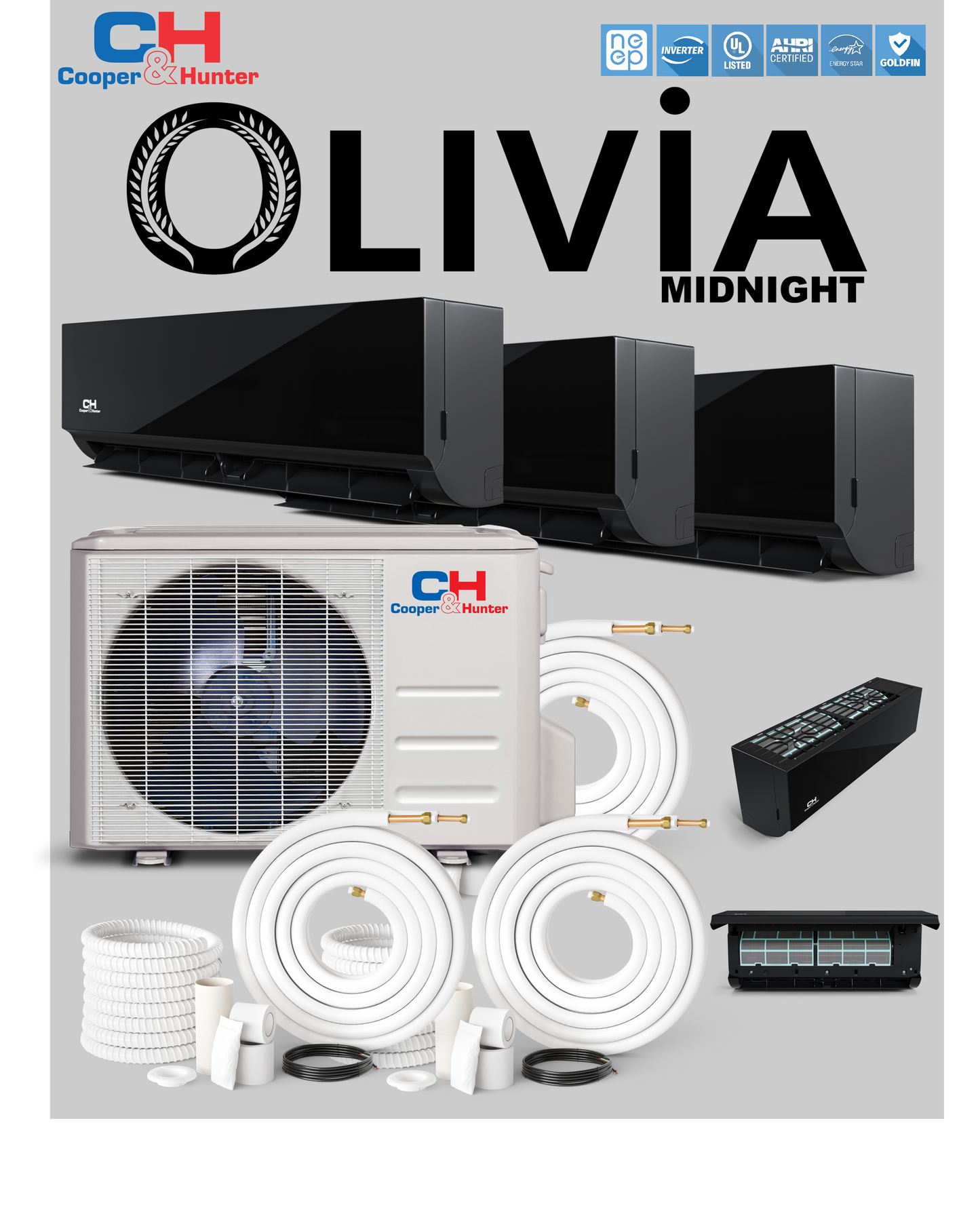 3 Zone 9K+9K+12K BTU Cooper&Hunter Olivia Midnight W/M 230V 24.6 SEER Ductless Mini Split AC/Heater