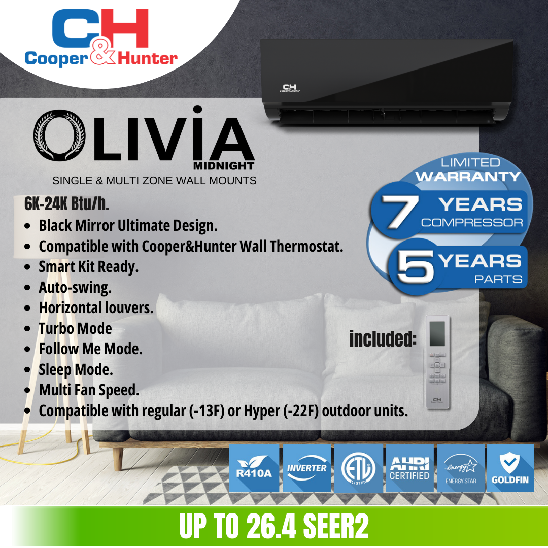 3 Zone 12K+12K+12K BTU Cooper&Hunter Olivia Midnight W/M 230V 24.6 SEER Ductless Mini Split AC/Heater