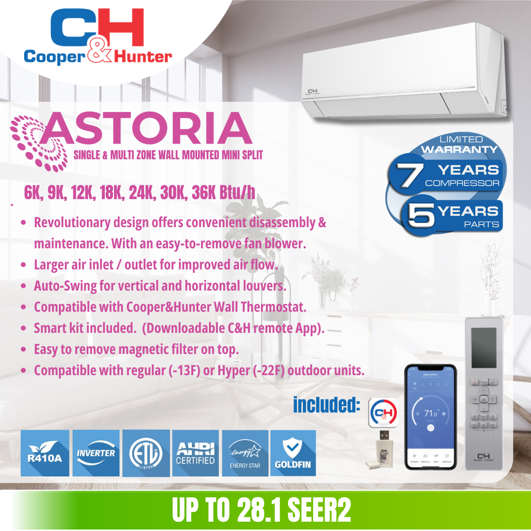 Cooper&Hunter HyperHeat Astoria Series, W/M 24K BTU 230V 22 SEER Ductless Mini Split AC/Heater