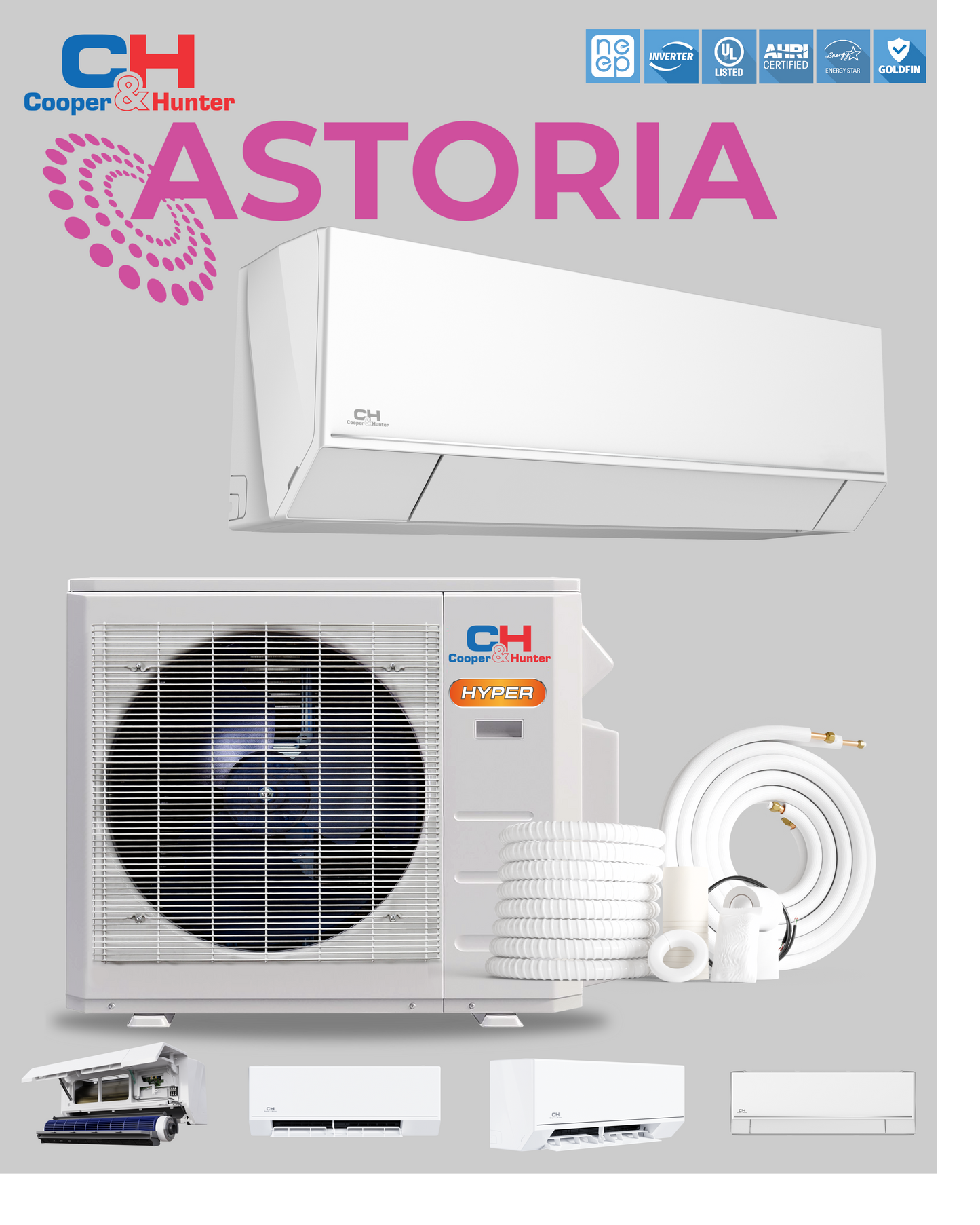 Cooper&Hunter HyperHeat Astoria Series, W/M 36K BTU 230V 20 SEER Ductless Mini Split AC/Heater