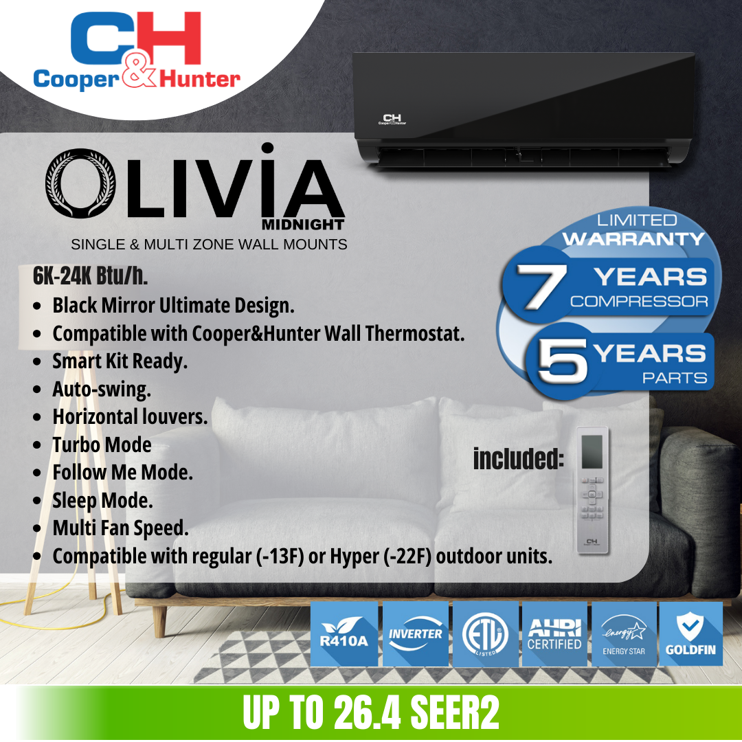 Cooper&Hunter Olivia Midnight W/M 9K BTU 115V 23 SEER Ductless Mini Split AC/Heater