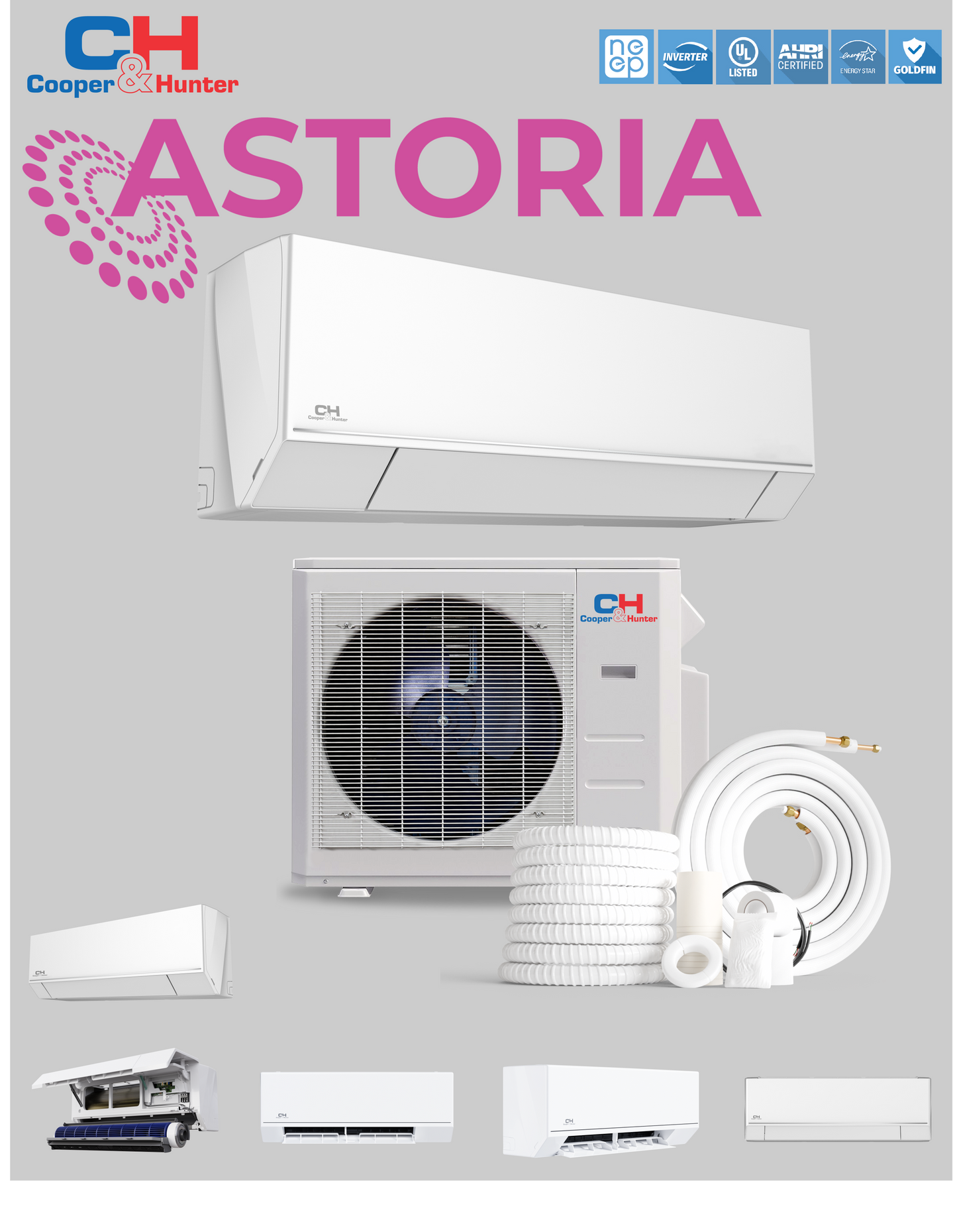 Cooper&Hunter, Astoria Series, W/M 24K BTU 230V 22 SEER Ductless Mini Split AC/Heater